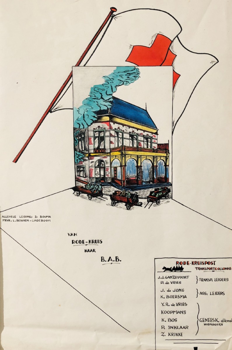 Tekening BAB: In de laatste maande van de oorlog stroomde Heerenveen vol met evacués. Dit waren hoofdzakelijk oorlogsvluchtelingen uit de omgeving van Arnhem en Noord-Limburg. De opvang werd geregeld door het Rode Kruis en het speciaal daarvoor in het leven geroepen ‘Bureau Afvoer Bevolking’(BAB). De drijvende kracht achter de BAB was mevrouw L. Besuyden-Lindenboom, de voorzitster van het Rode Kruis. Van oktober 1944 tot april 1945 hielp het BAB duizenden evacués aan onderdak, eten en verzorging. De vluchtelingen werden opgevangen in het Posthuis.